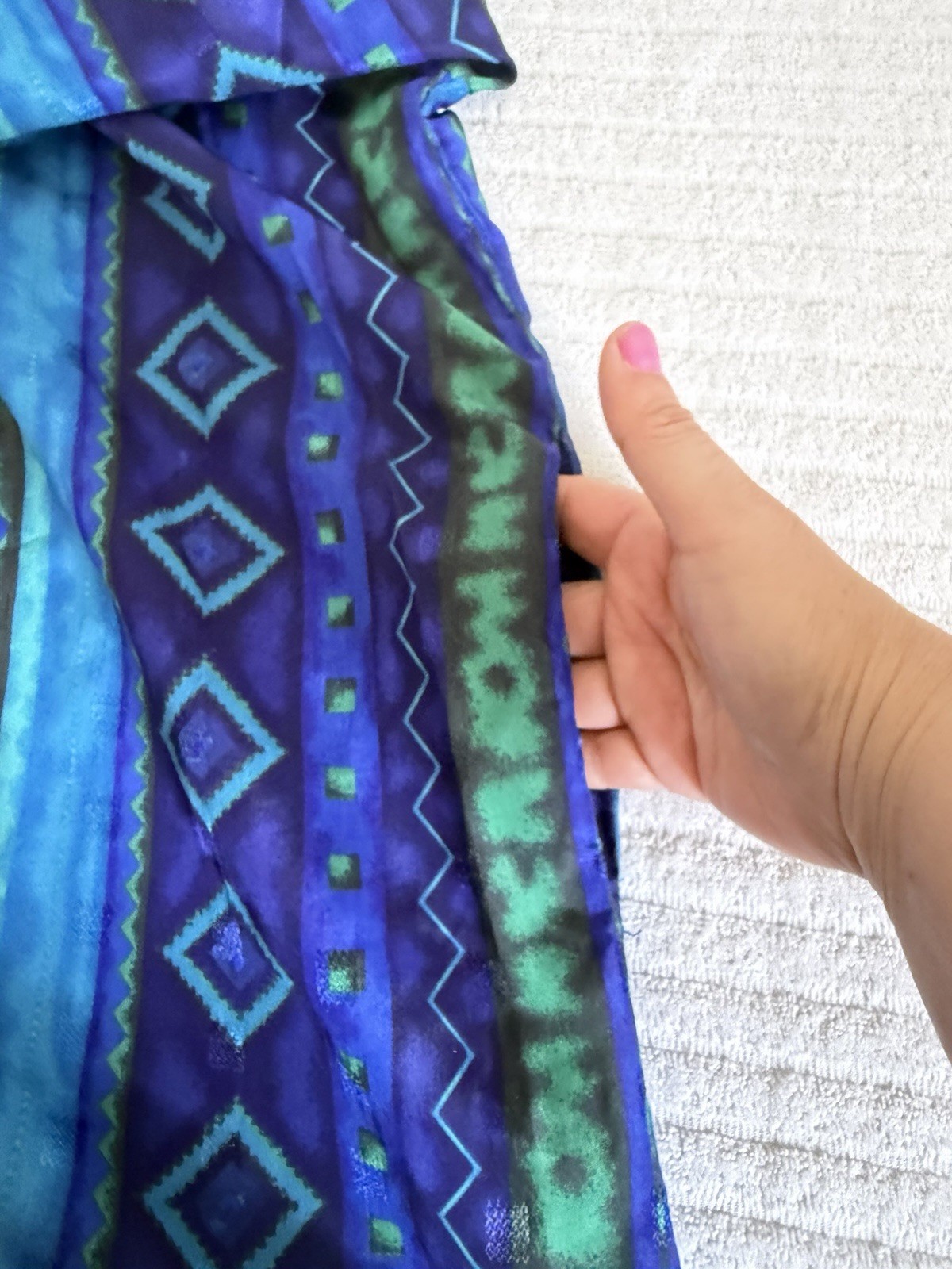Sante Classics Women M Blue Green Geometric Print Button Front Long Dress Zipper