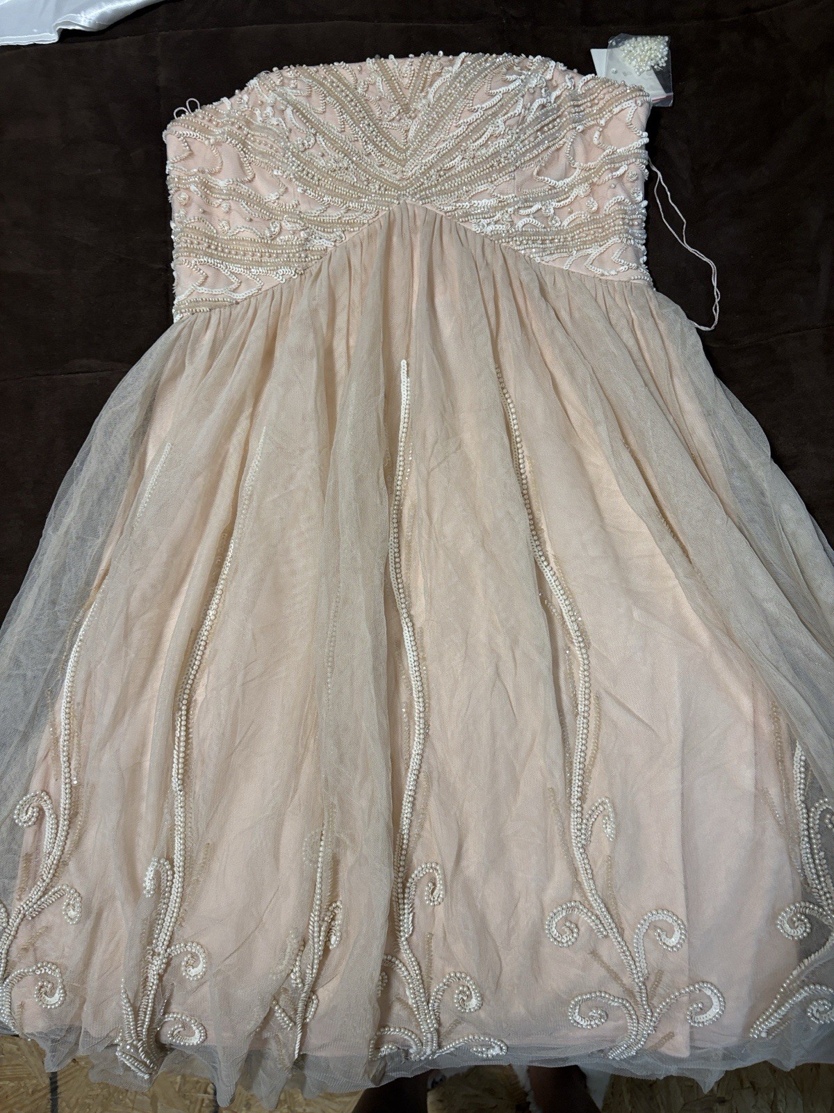 Aidan Mattox Beige Mesh Beaded Sequin Sweetheart Fit & Flare Dress Size 4