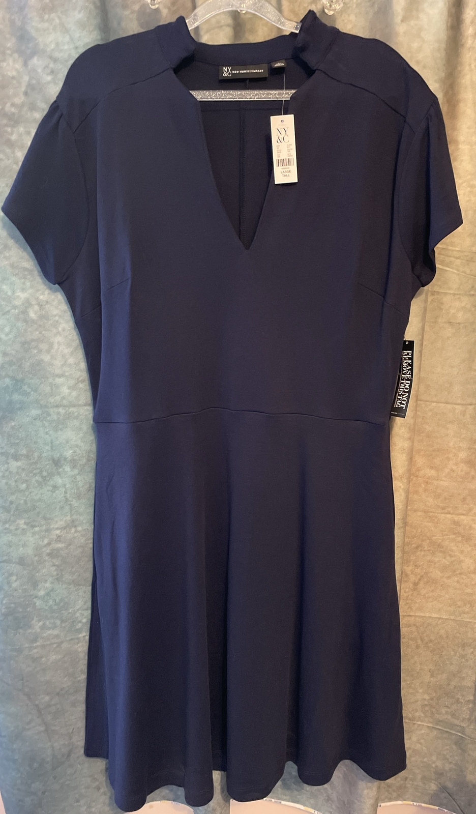 NY&C NWT Size Large Tall Solid Blue Fit & Flare Mini Dress Womens Cotton