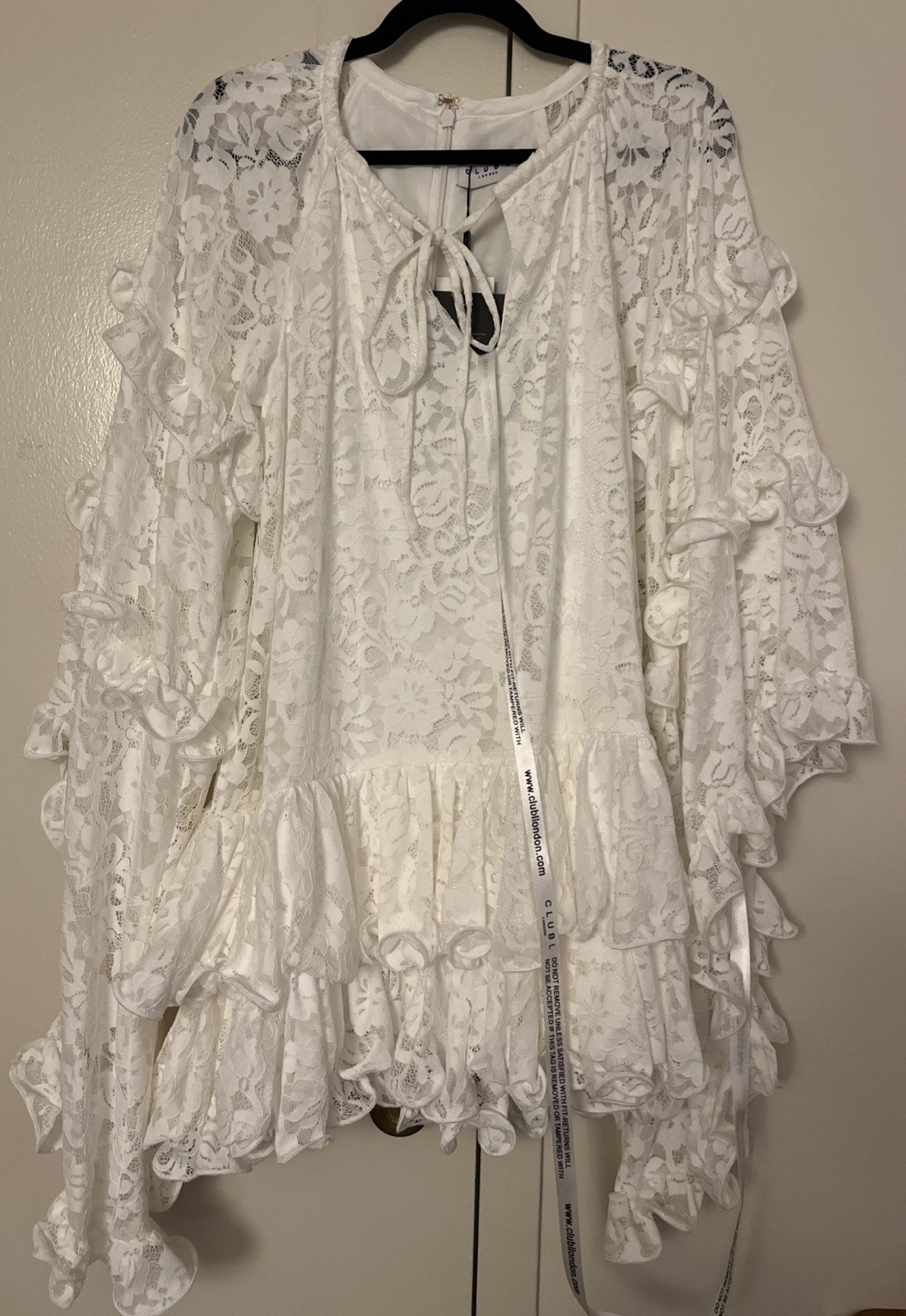 White Lace Club L Mini Dress Boho, Cape Sleeves US Sz 2 Bridal New