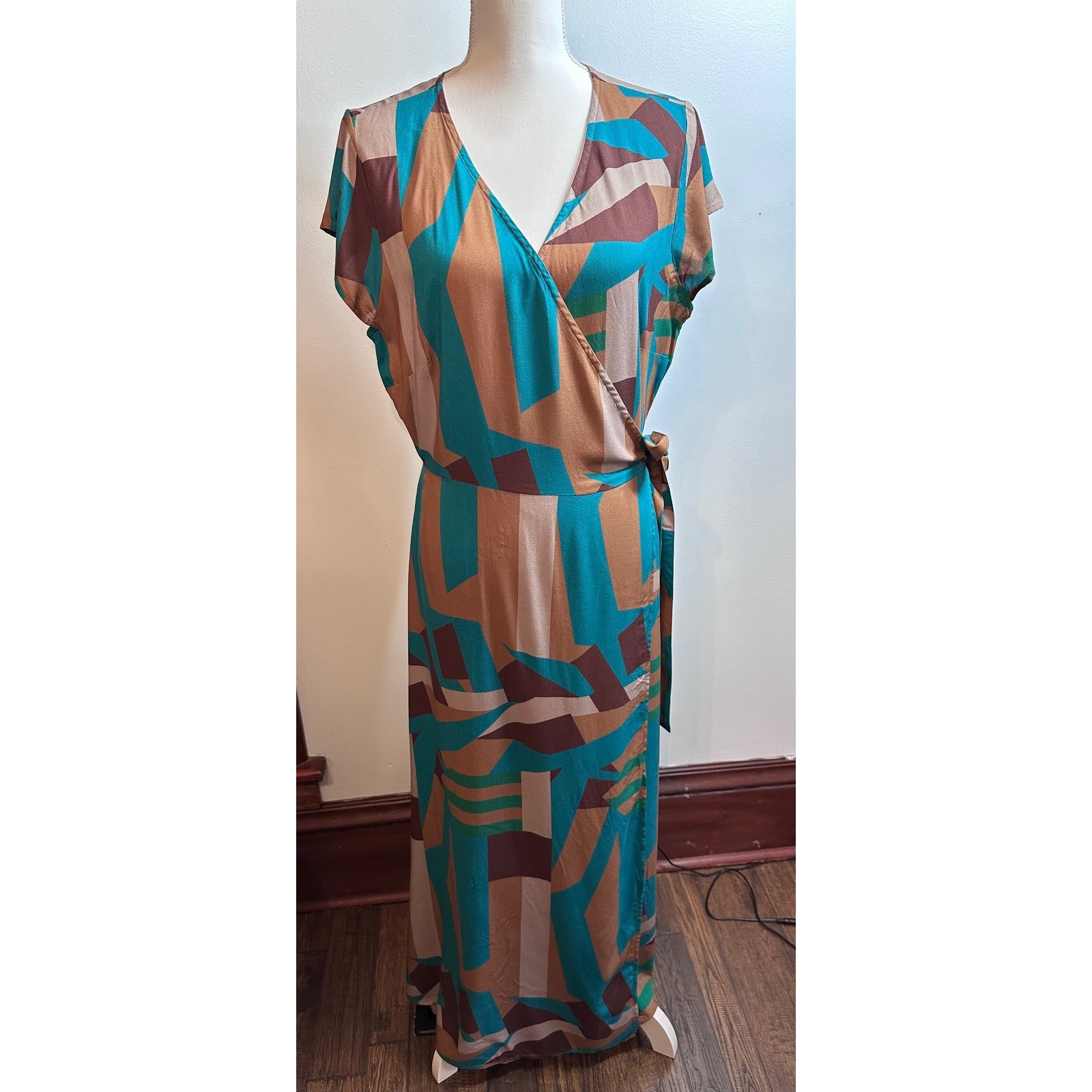 Lascana Geometric Boho Abstract Print Wrap Maxi Dress Teal Brown Sz 10 NWT