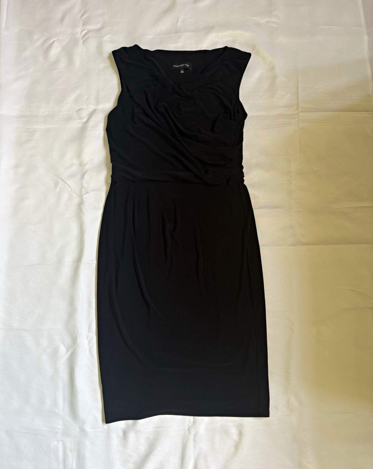 Jones New York Black Ruched Sheath Midi Dress V-Neck Sleeveless Stretch 4
