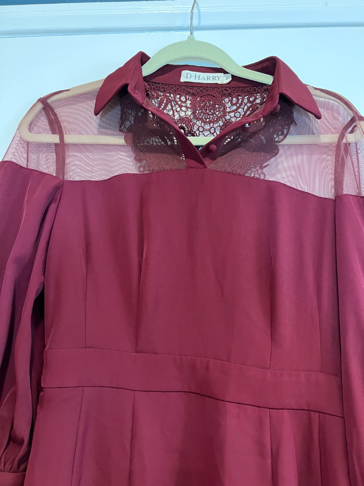 D-Harry Burgundy Lace Mesh Panel Maxi Dress Size Medium Long Sleeve Button Cuff
