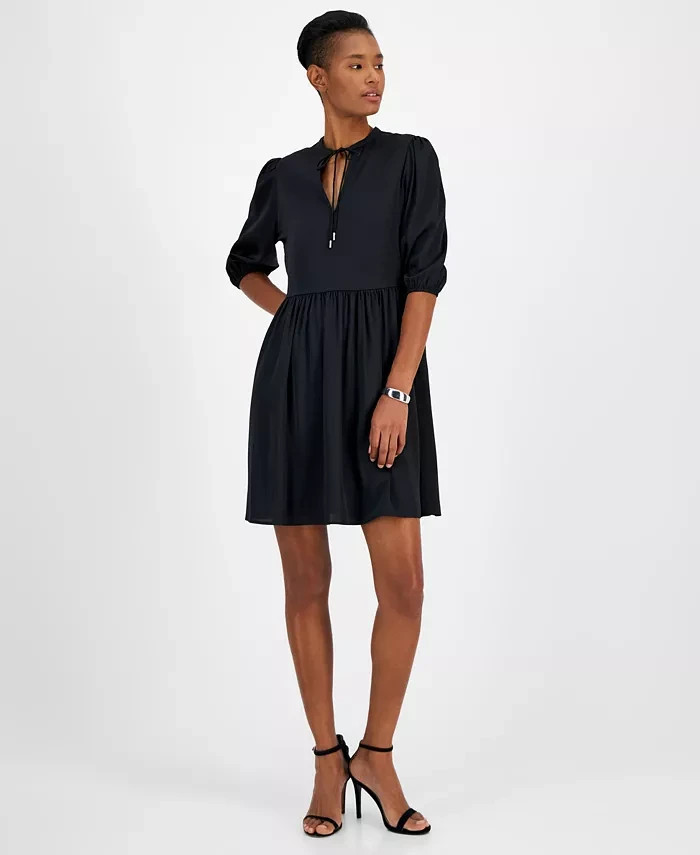 BOSS Orange Dorena A-Line Dress Women’s XS Black Tie Neck Elbow Sleeve Pullover