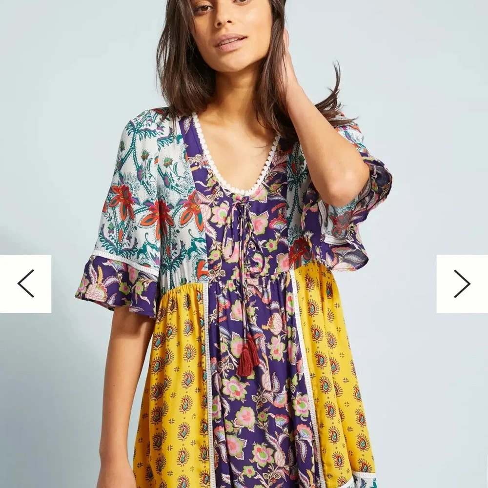 Anthropologie PATCHWORK TRAPEZE MINI DRESS Lilka Babydoll cottage core yellow XL