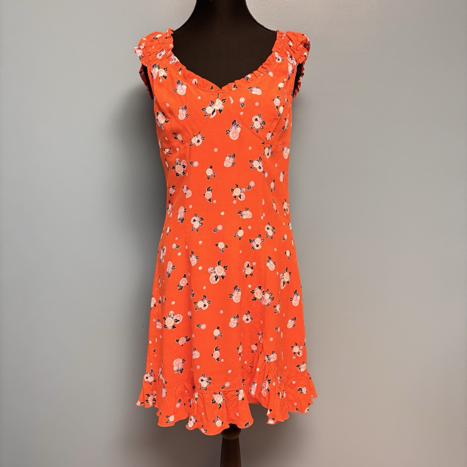 Free People Orange Ruffle Cap Sleeve Open Back Small Citrus Print Feminine Flowy