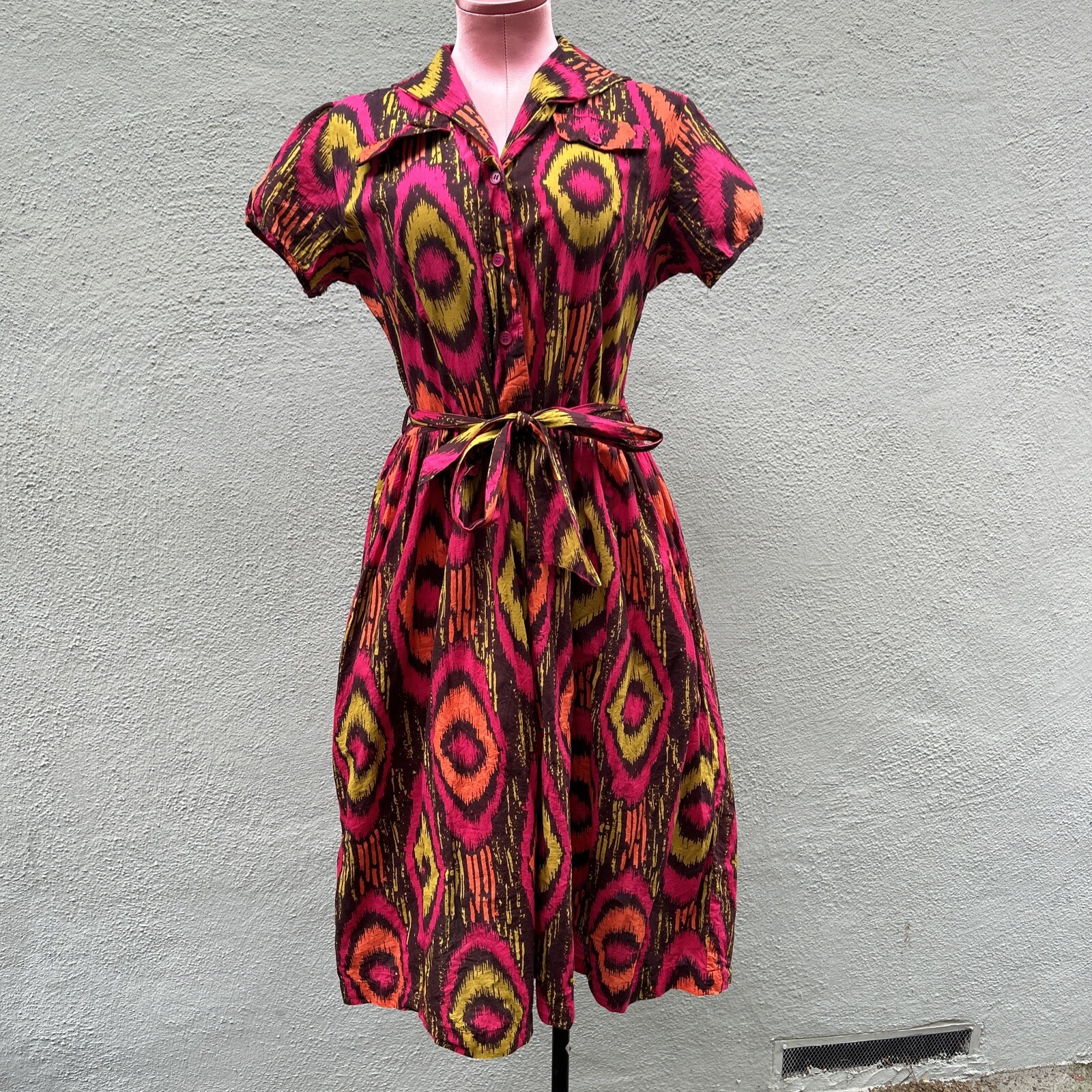 Martinea Dream Ikat Dress Vintage Inspired Retro Pockets Short Sleeve Pockets L