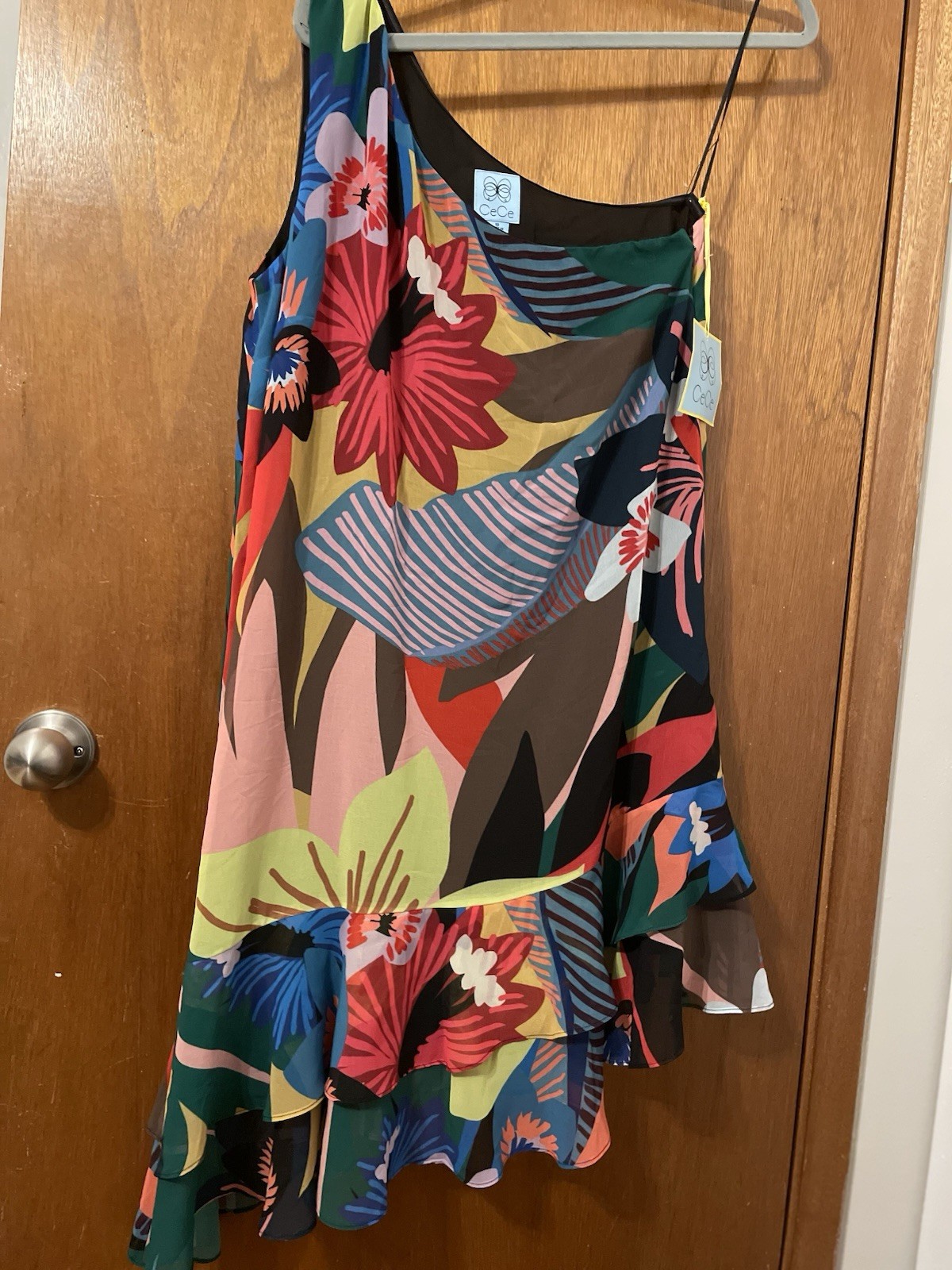 CeCe Dress New With Tags Size 10 Colorful 1 Shoulder Asymmetrical Ruffle Hem