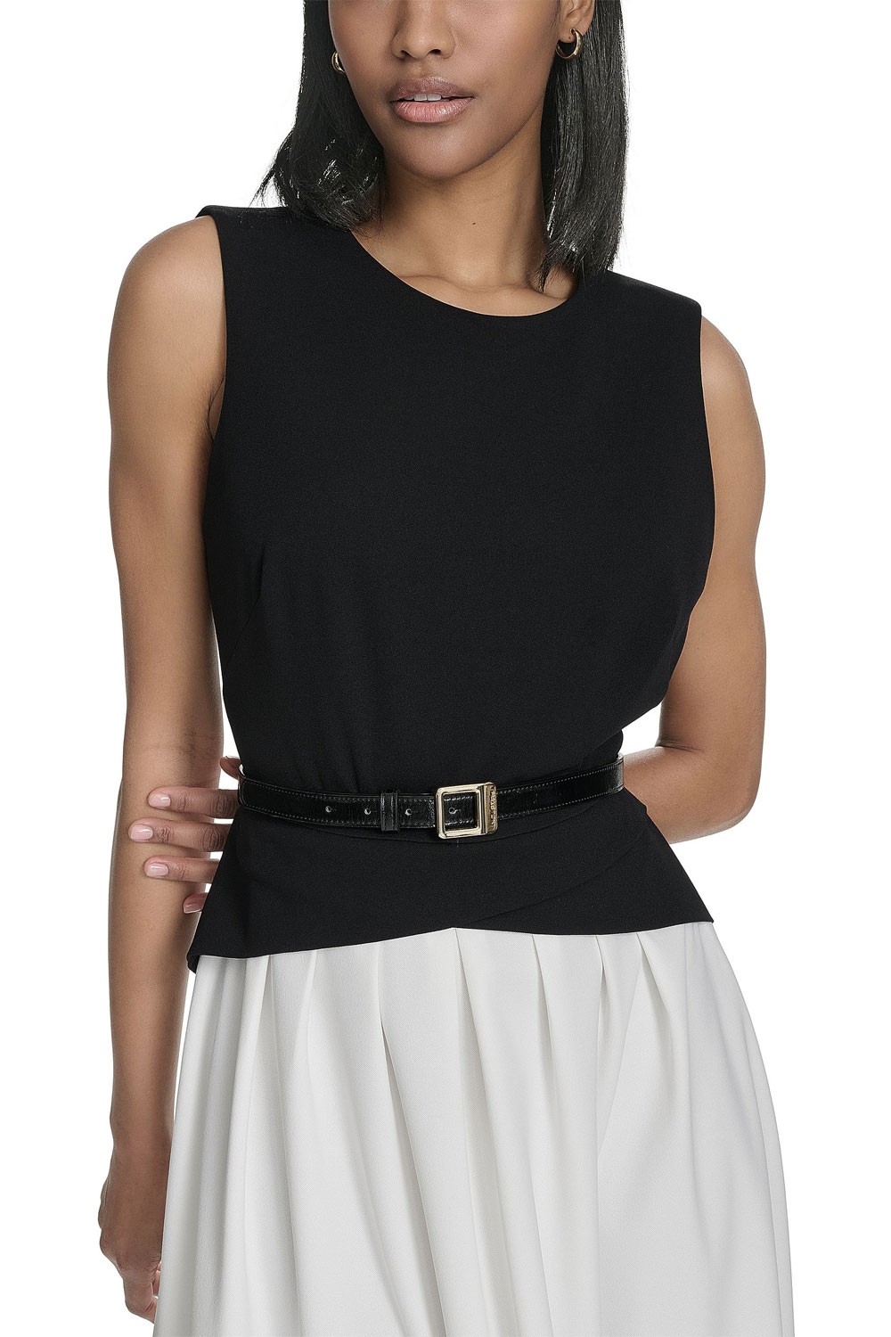 Halston Womens Sleeveless Split-Color Flared Midi Dress 14 Black/Cream NWT $159