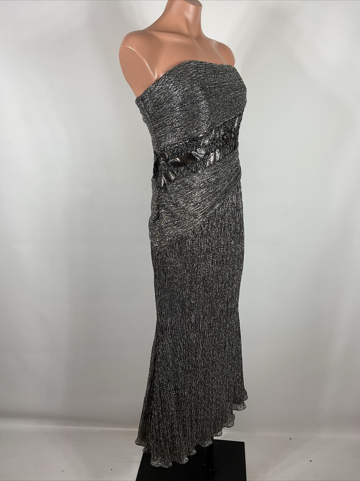 Rene Ruiz Neiman Marcus Silver Sequin Cocktail Dress Midi Pleated Metallic Lame