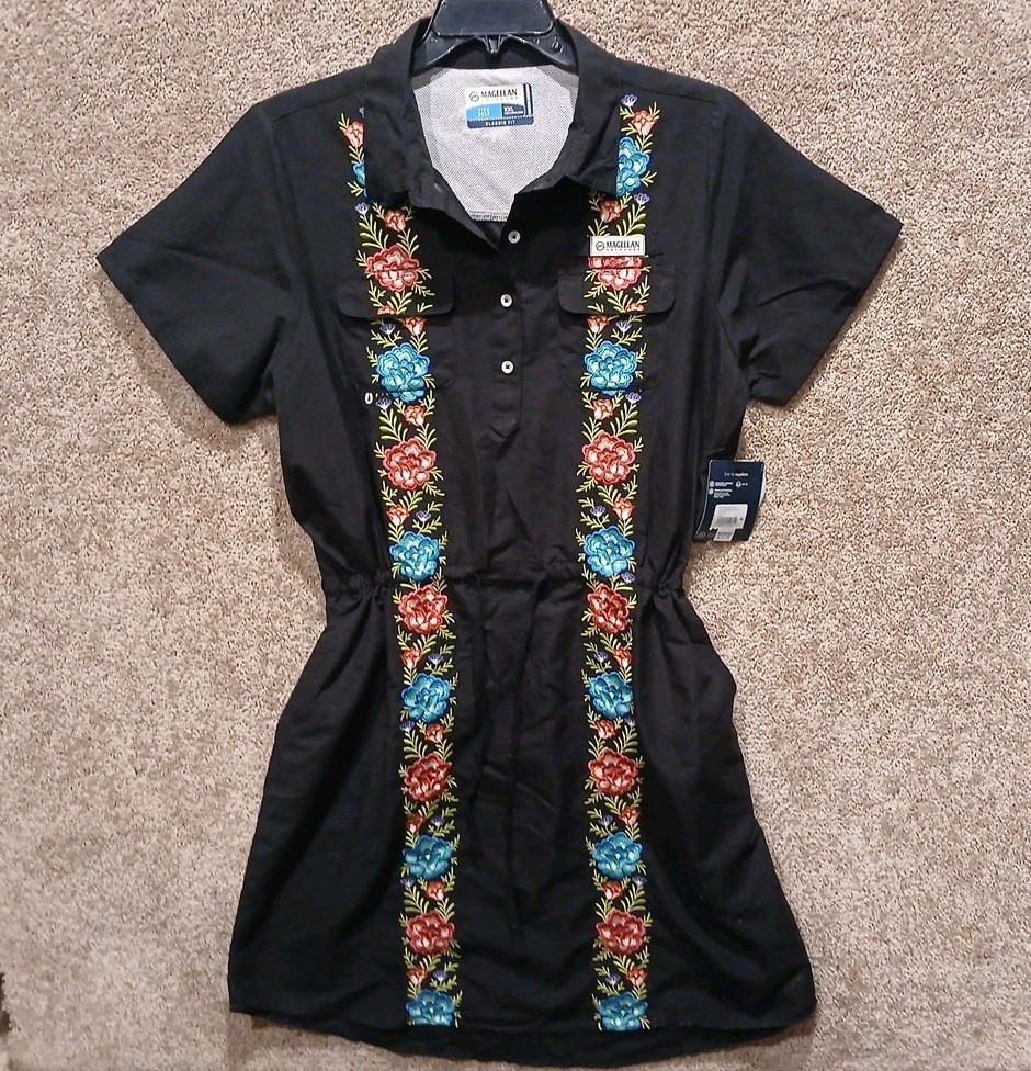 Magellan Outdoors Black Floral Midi Dress Moisture Wicking Fish Gear Size XXL