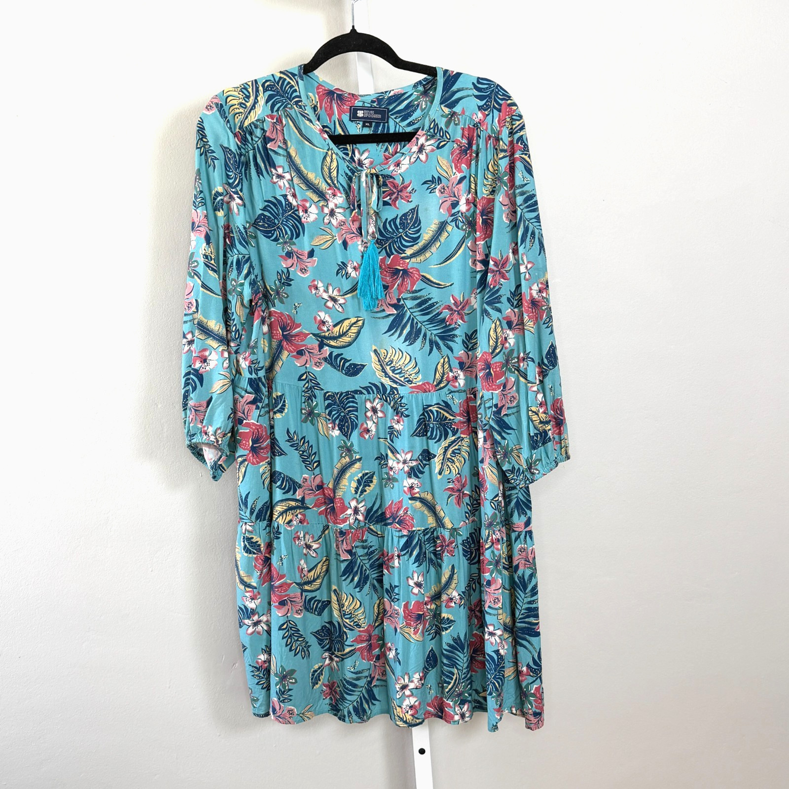 Reyn Spooner Women’s XL Dress Blue Boho Tropical Floral Tassel Tiered Resort