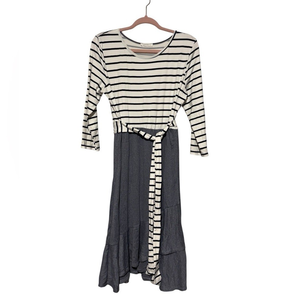 Reborn J Long Modest Midi Dress Size XL Striped Ruffle Belted Church Stretch