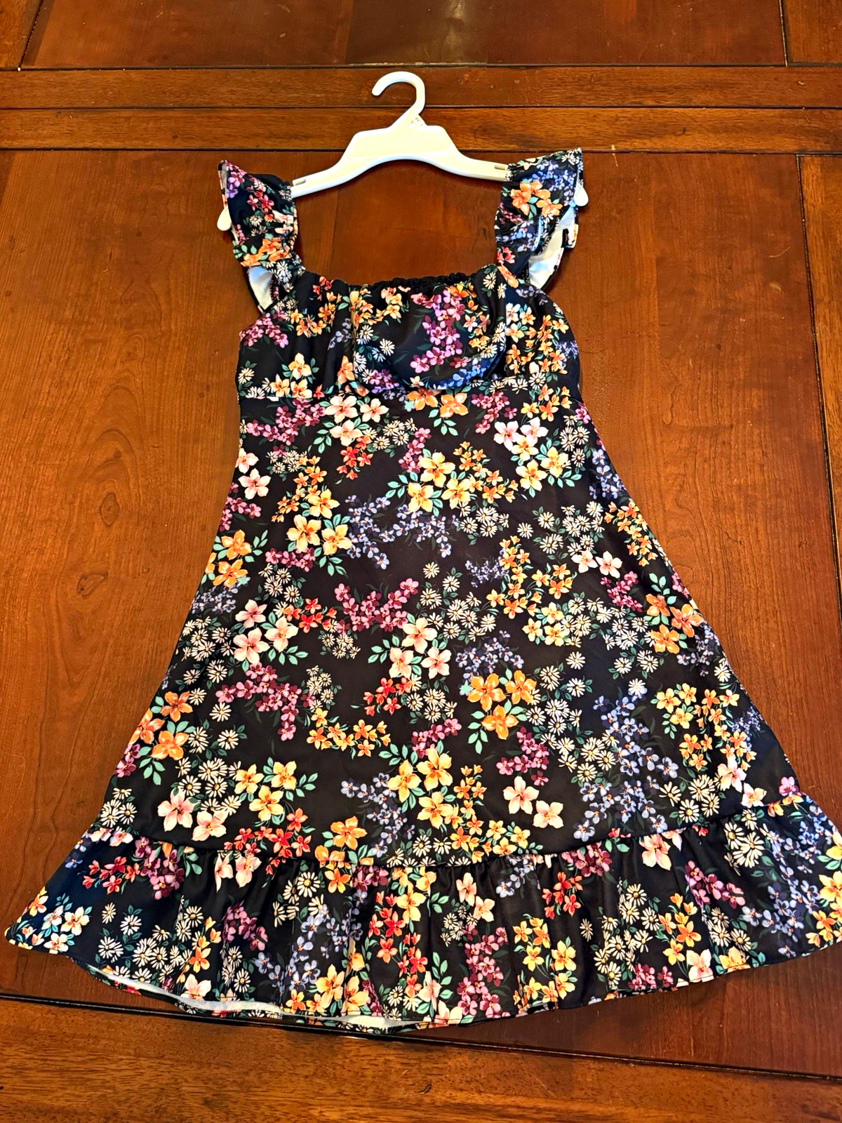 Originality. Women’s S Black/Multicolor Floral Square Neck Ruffle Strap Dress