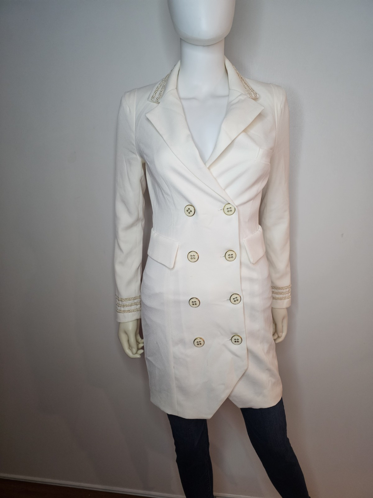 Fruit Womens Blazer Dress Made In Korea Long Sleeve Size Small Beige w/ Gold