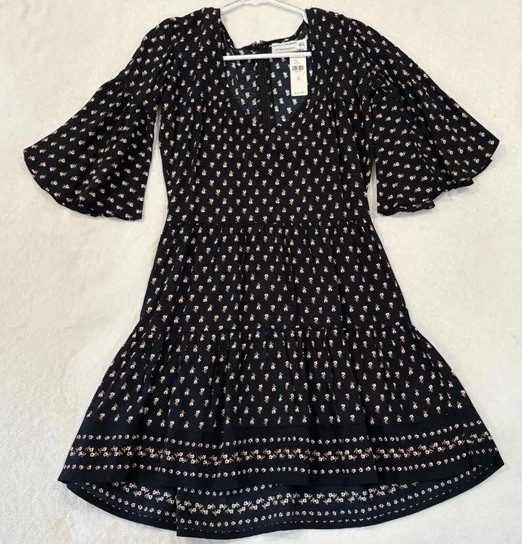 FAITHFULL THE BRAND x Anthropologie Black Floral Mini Dress XS V-Neck