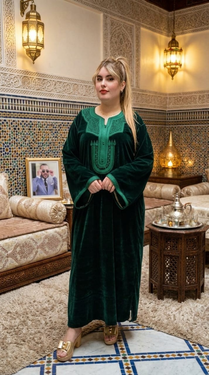 Stunning Silk Velvet Moroccan Kaftan – Embroidered Party Dress – Premium Quality