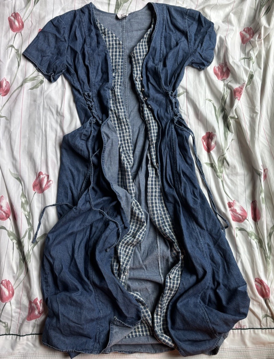 Scarlett Women’s Blue Denim Cotton Gingham Button-Front Midi Shirt Dress M