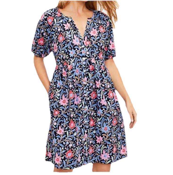 Loft Spring Red Pink Bloom Black Button Front Swing V Neck Dress Size Medium