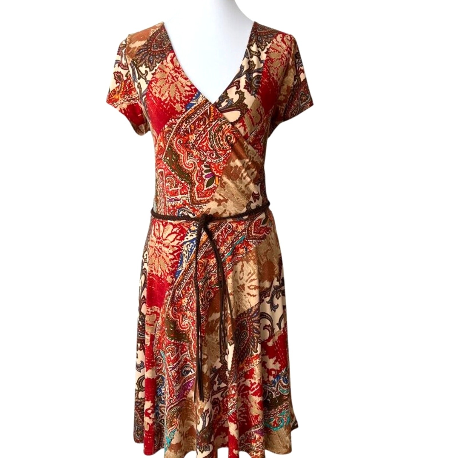 Lauren Ralph Lauren XL Fall Dress Vintage Patchwork Stretch Boho Art to Wear