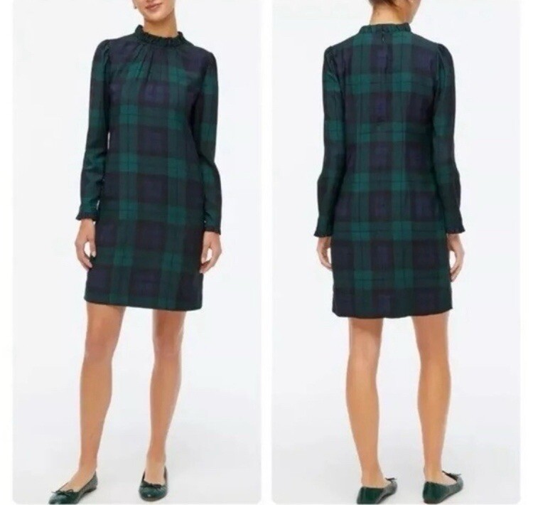 J. Crew Factory Ruffleneck Shift Dress Green & Black Watch Tartan Plaid Size 20