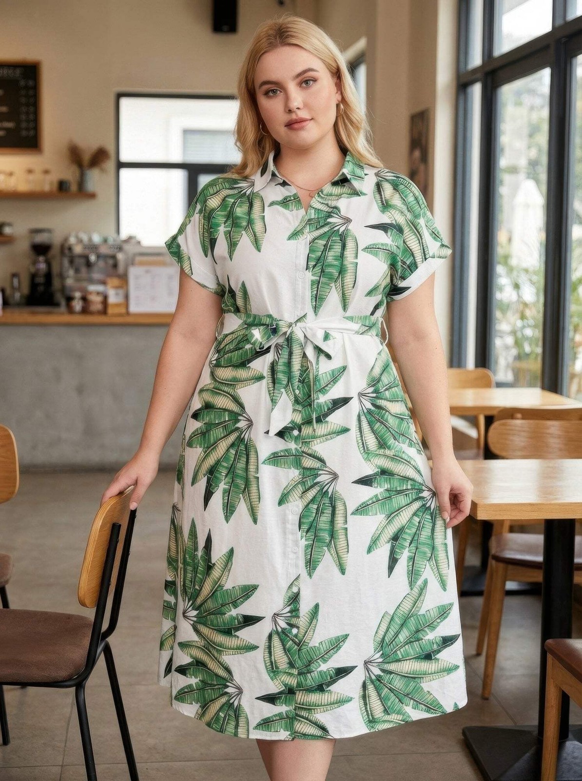 Women’s Tropical Leaf Print Button Front Tie Waist Midi Shirt Dress White Green