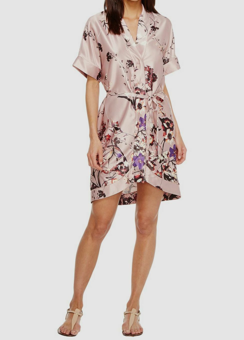 $85 Brigitte Bailey Women’s Pink Floral V-Neck Kimono Tie Shift Wrap Dress L