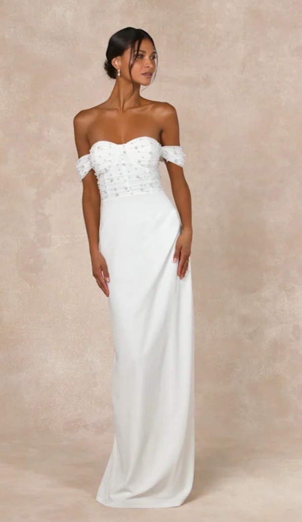 Lulus Immensely Charming White Mesh Pearl Bustier Maxi Dress Size S