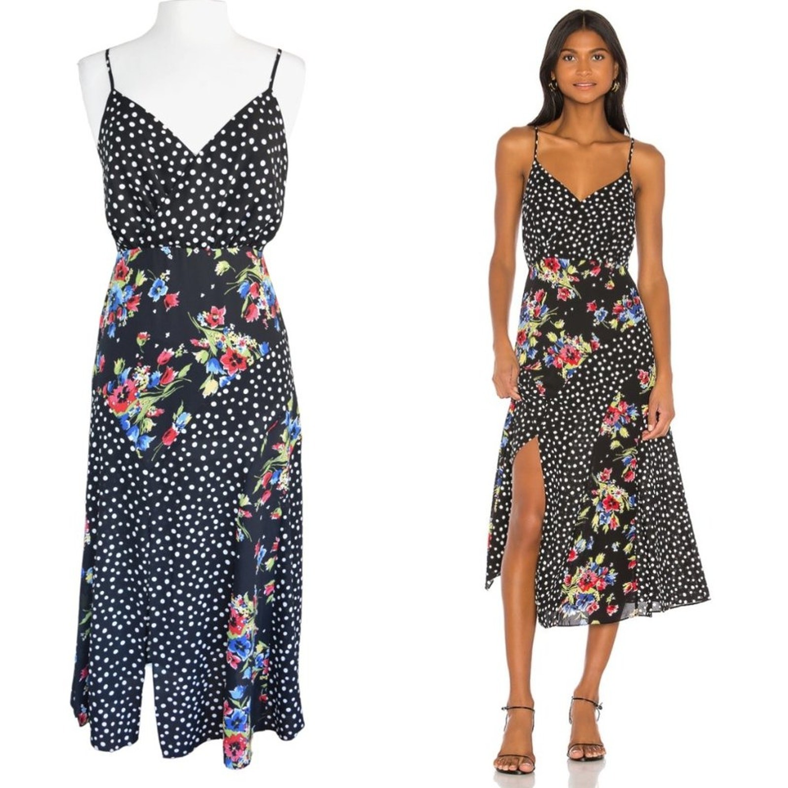 LIKELY Saige Midi Slip Dress Size 4 Black Floral Polka Dot Front Slit Revolve