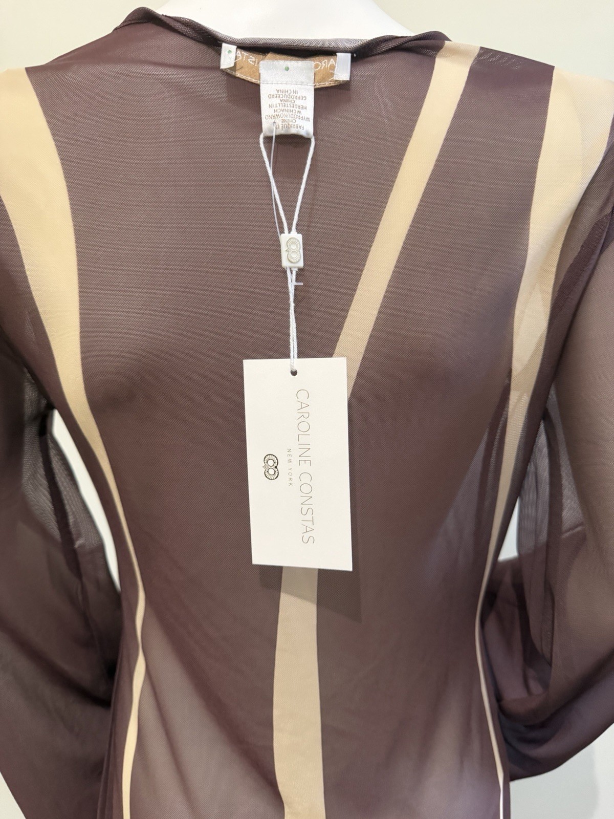 Caroline Constas XS Mesh Maxi Dress Brown Beige Abstract V-Neck Sheer Bell
