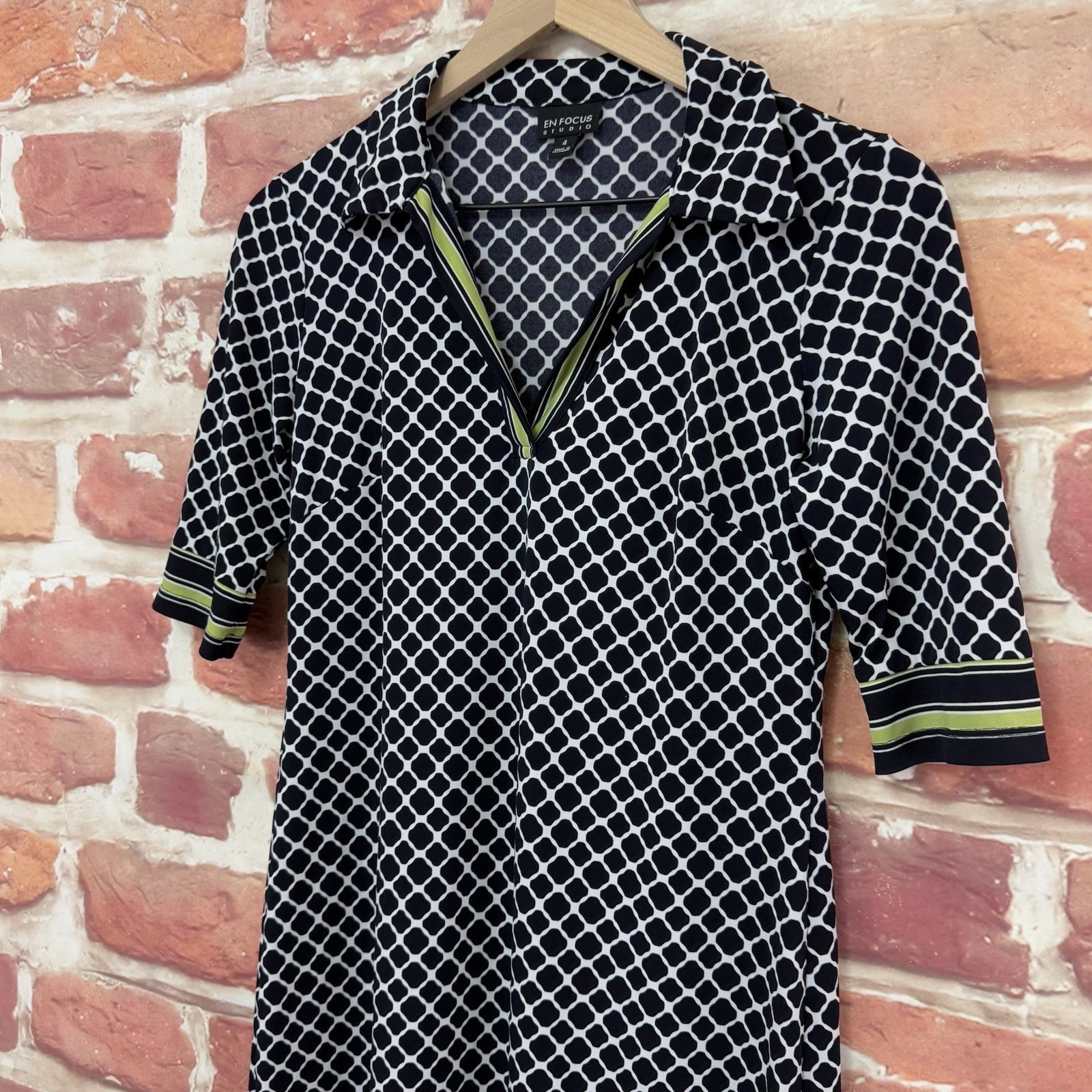 En Focus Studio Dress Womens 4 Black Multicolor Quatrefoil Striped Casual Work