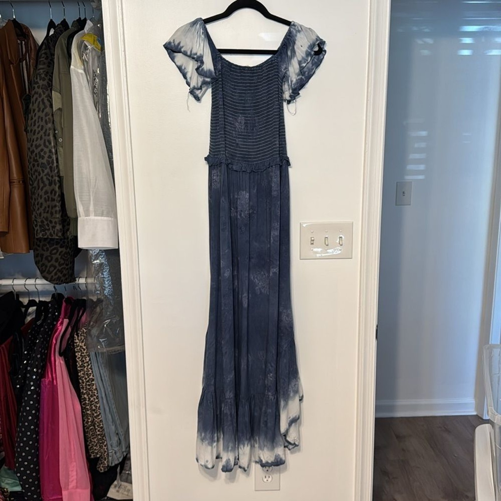 Surf Gypsy Blue Tie Dye Smock Top High-Low Maxi Dress with Flutter Sleeve