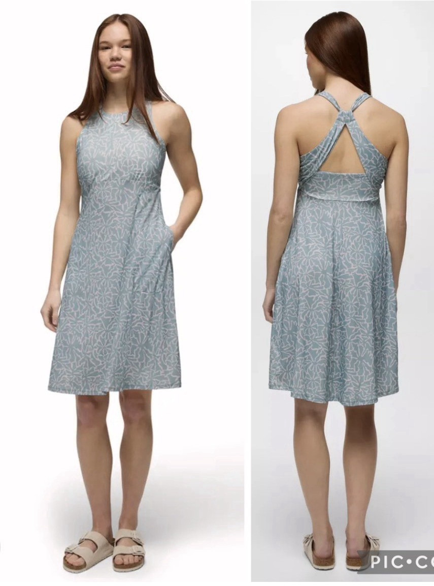 prAna Womens Summer Jewel Lake Halter Yoga Dress Pockets Stretch Aqua Print L