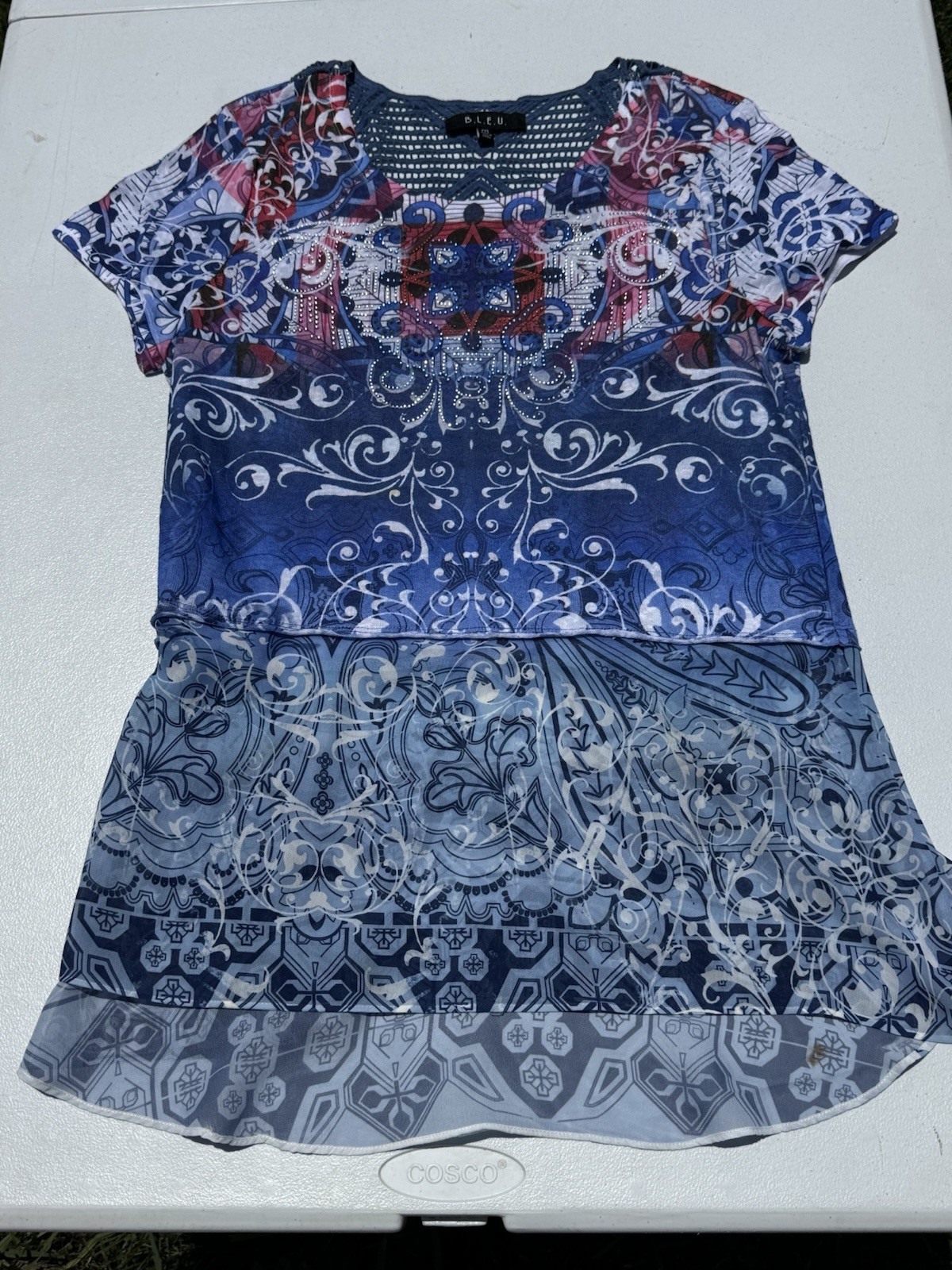 Women’s Shirt/Dress By B.L.E.U. Size Medium With Beaded Front And Lace Knit Back