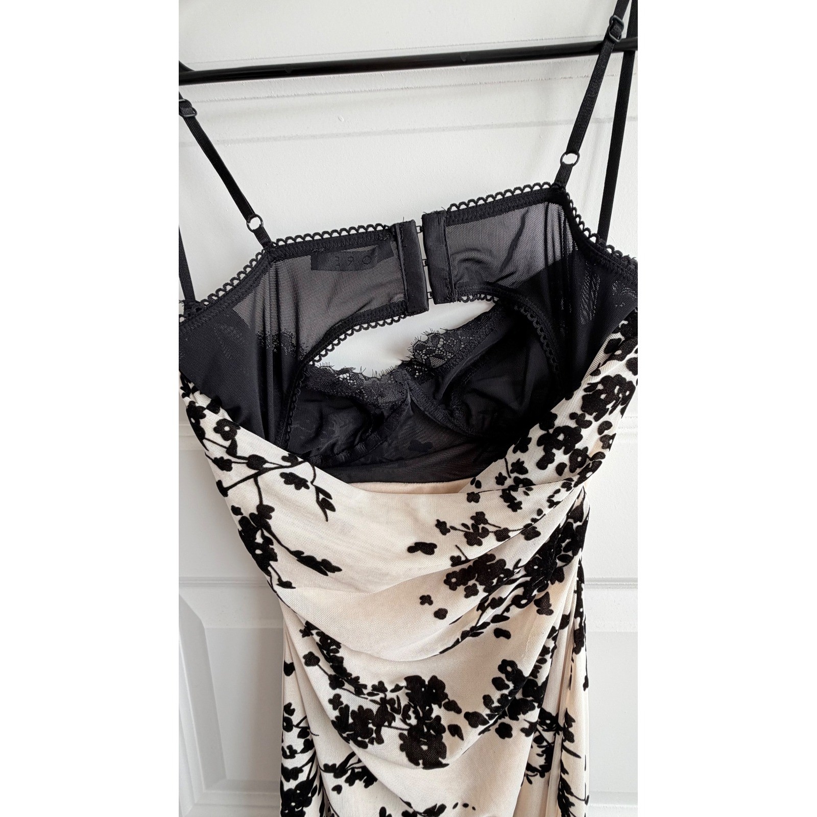 FORE Floral Velvet Mesh Cowl Neck Midi Bodycon Dress Womens Small Cream Black