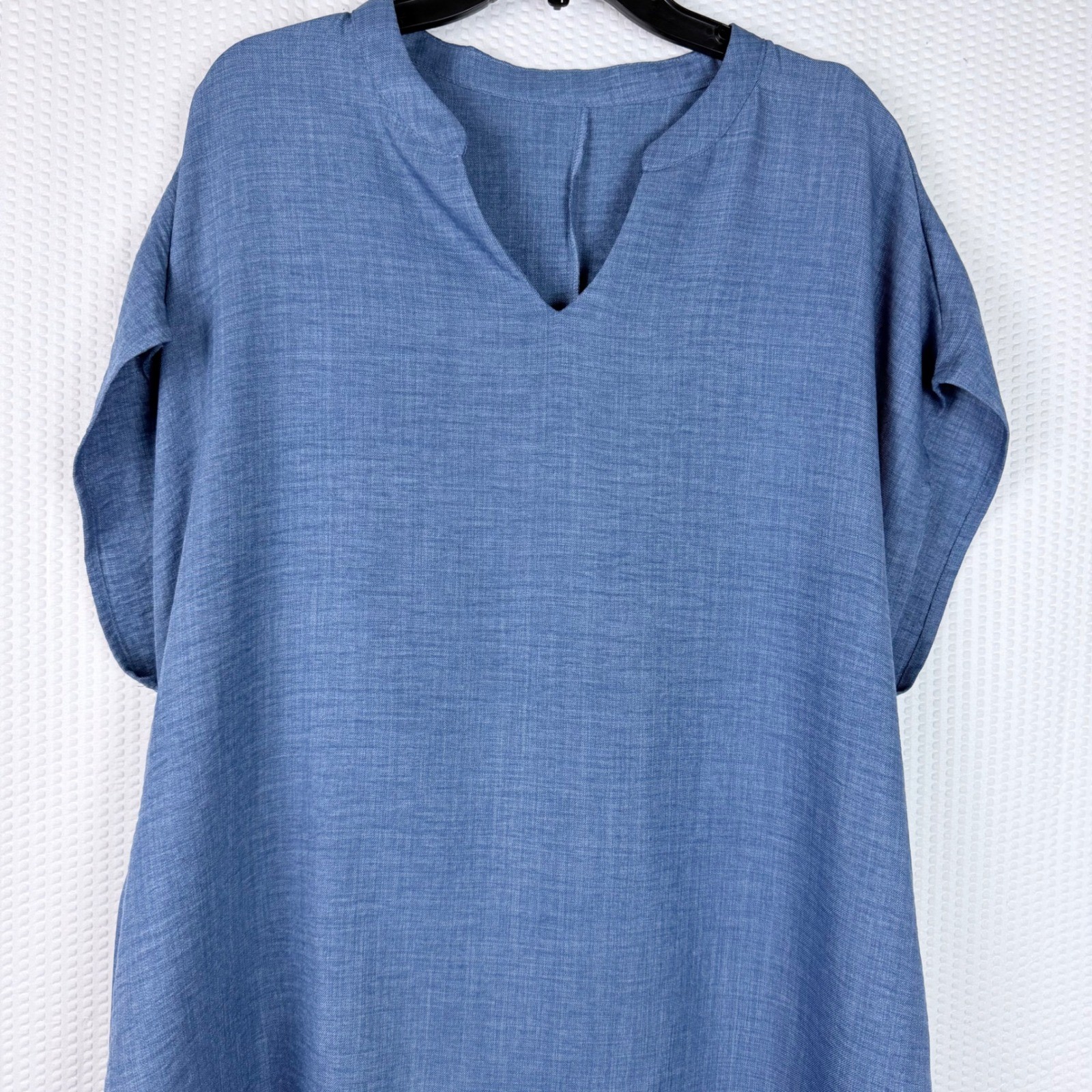 Women’s Denim Blue Split V-Neck Cap Sleeve Back Tie Tunic Dress 2XL Plus Size