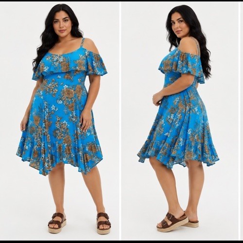Torrid Plus Size 2 Blue Floral Off Shoulder Cold Shoulder A-Line Smocked Dress