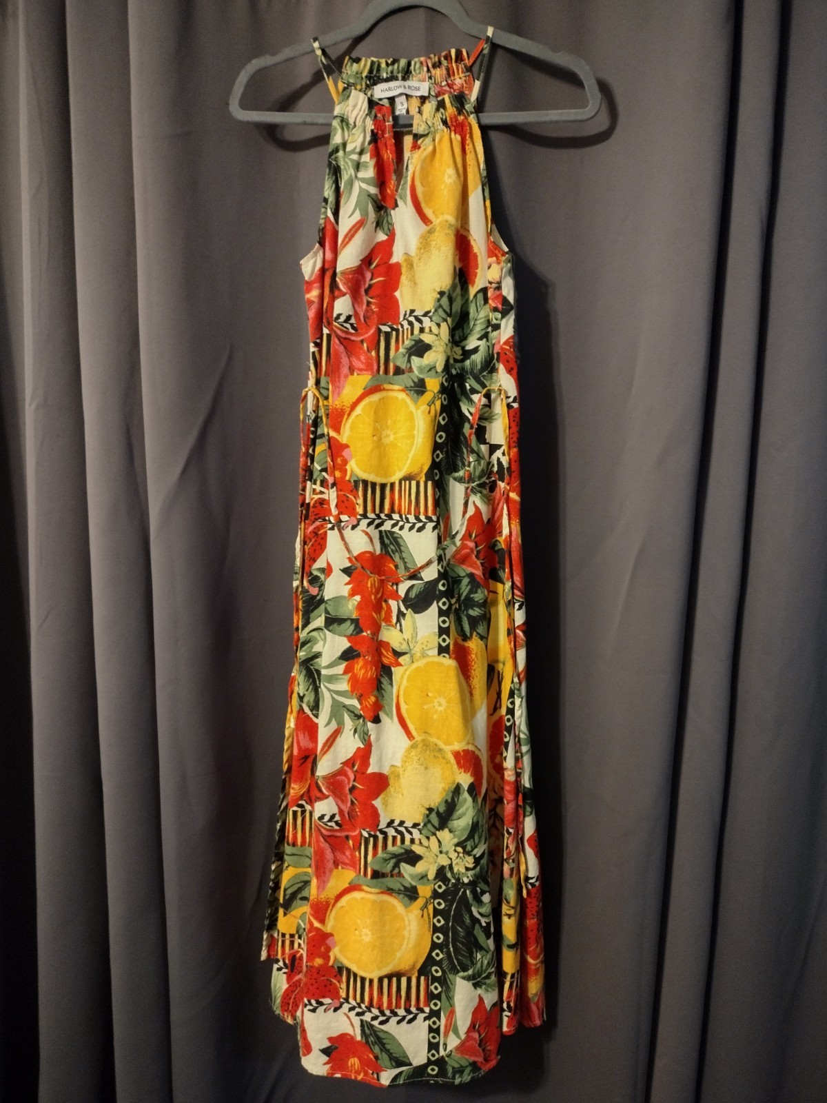 Harlow & Rose Women’s S Tropical Floral Halter Sleeveless Tie Waist Maxi Dress