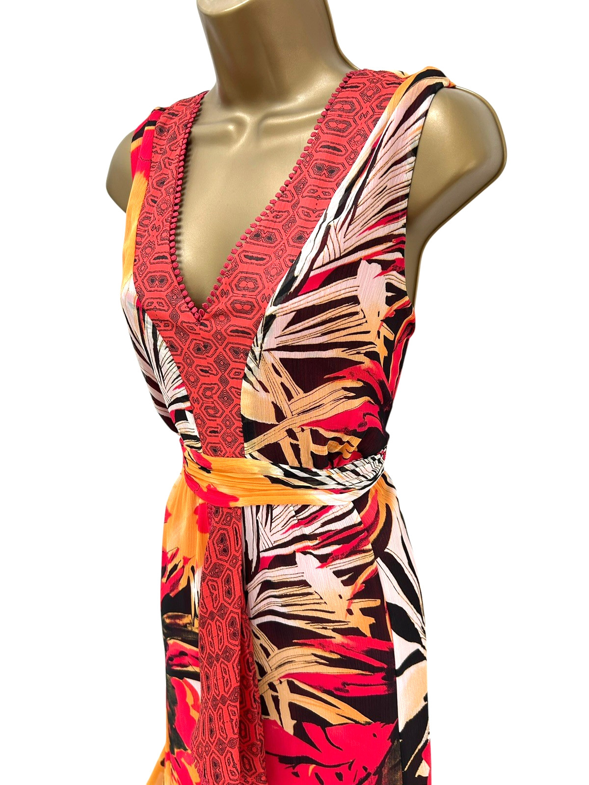 Per Una Maxi Dress Size 18 Long Orange Red Sleeveless Belted Full Length M&S