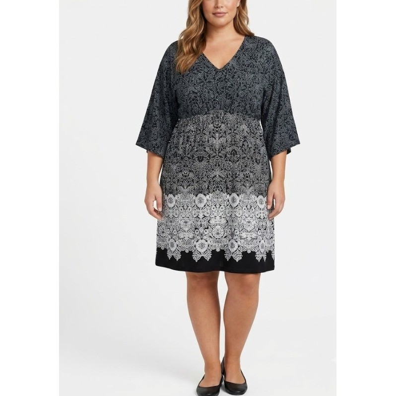Soma Kimono Sleeve Dress XL Black White Floral V-Neck Empire Waist Stretch