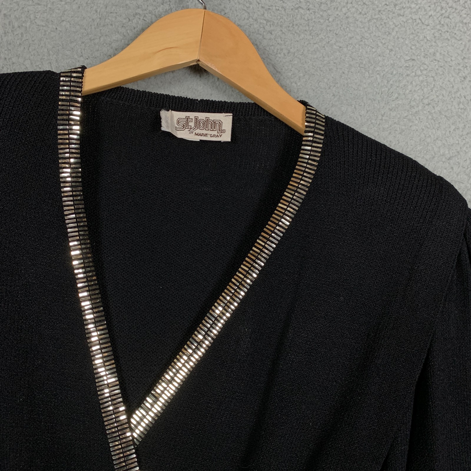 St. John Paillettes Shimmer Dress 4 Santana Knit Sheath Midi Black Vintage 80s