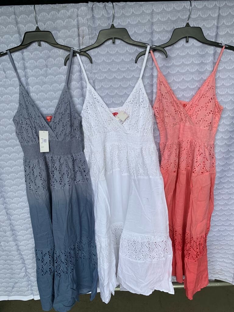 Women v neck cotton eyelet dress solid ombre elastic spaghetti strap summer US