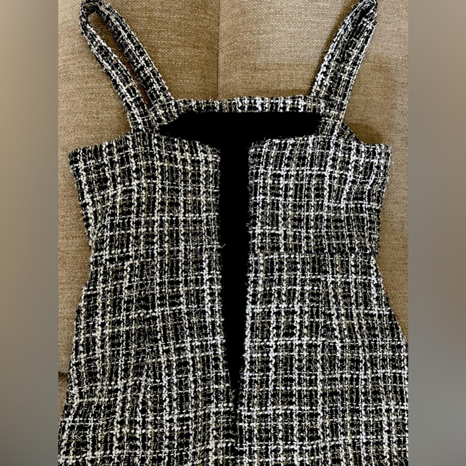 AQUA Metallic Tweed Square Neck Black White and Metallic Mini Dress