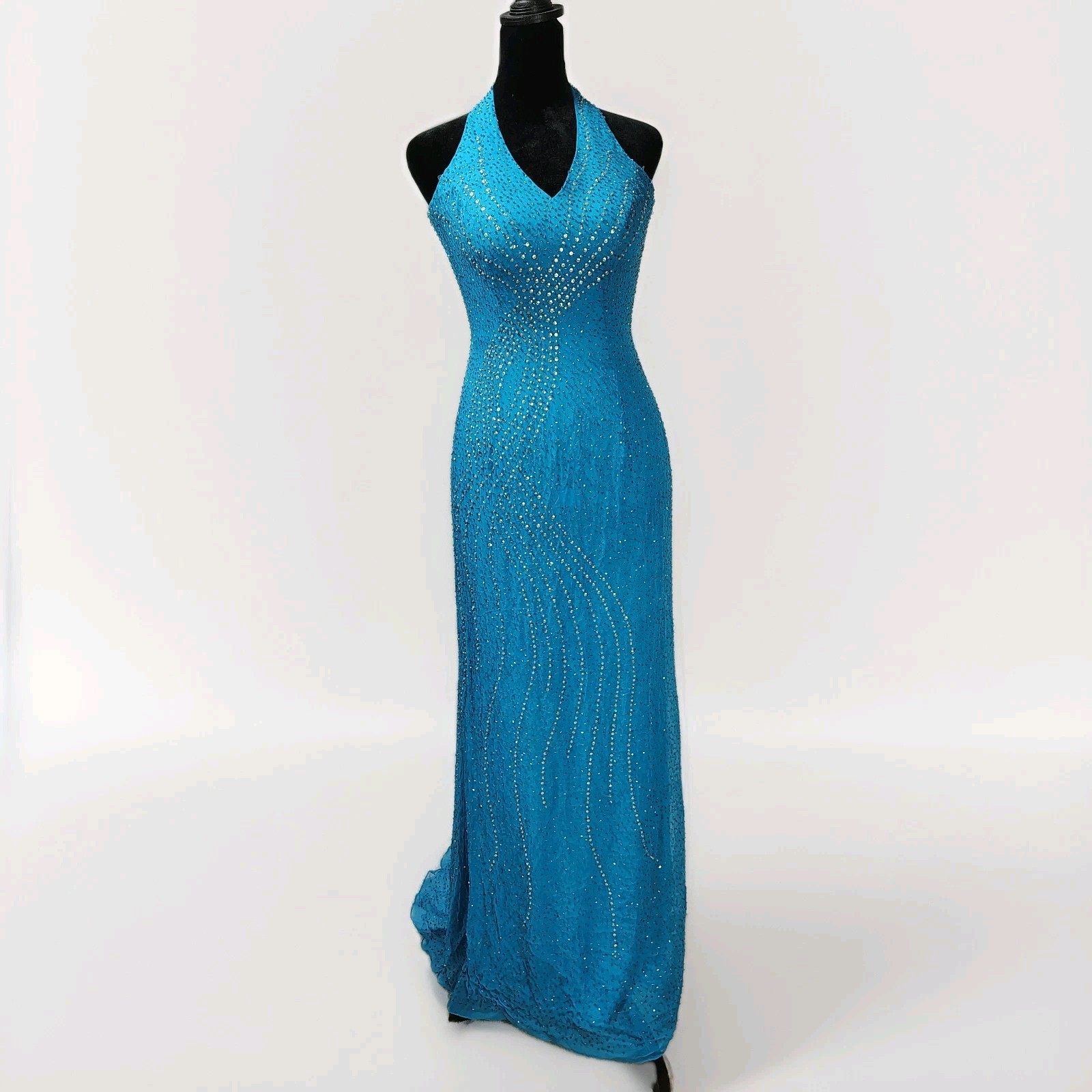 Tiffany Design Beaded Silk Prom Halter Dress Maxi Gown 4 Blue Fairy Glam