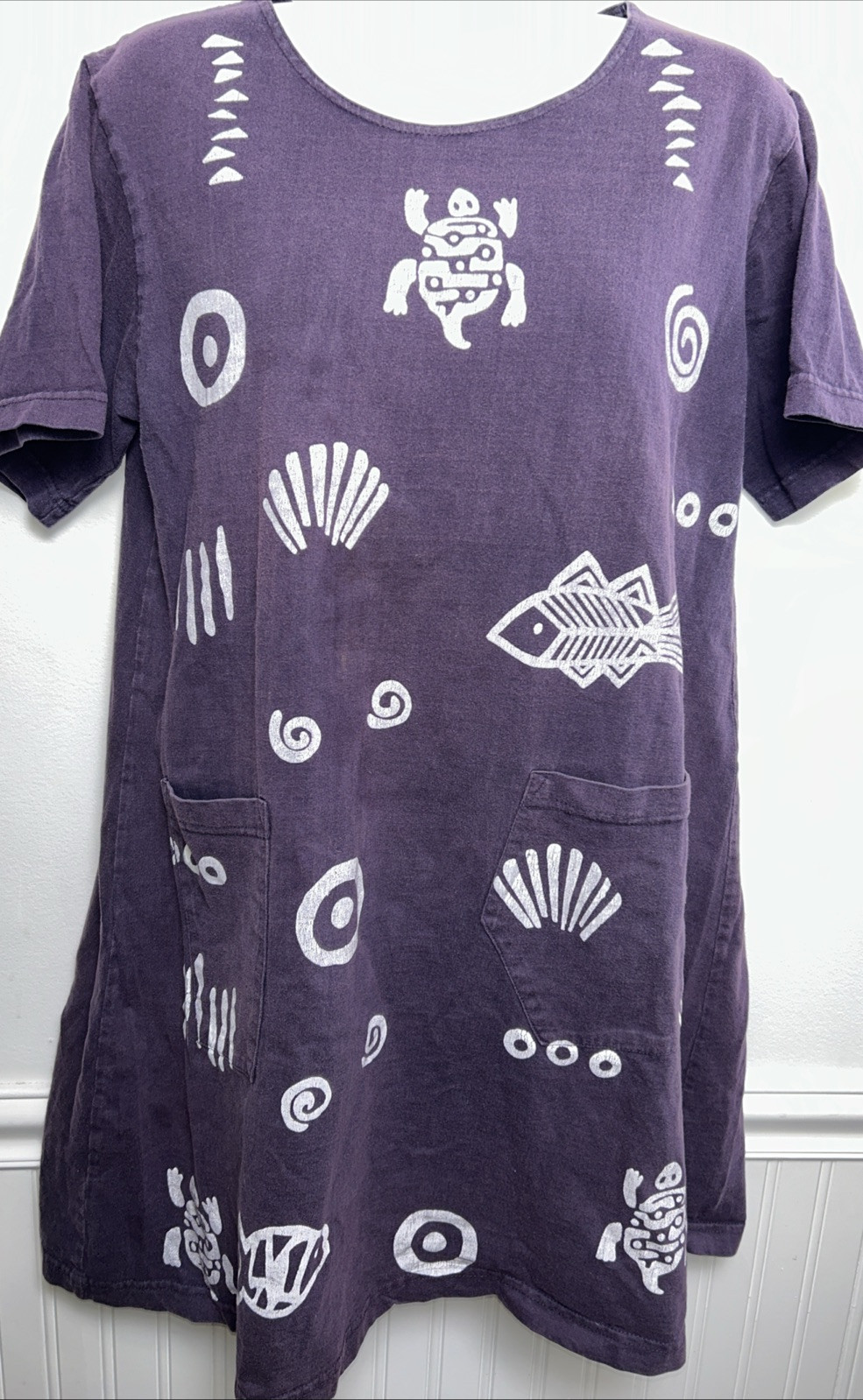 Nepal Dress S Pullover Cotton S/S Purple Hand Painted Artsy Coastal Beach Short