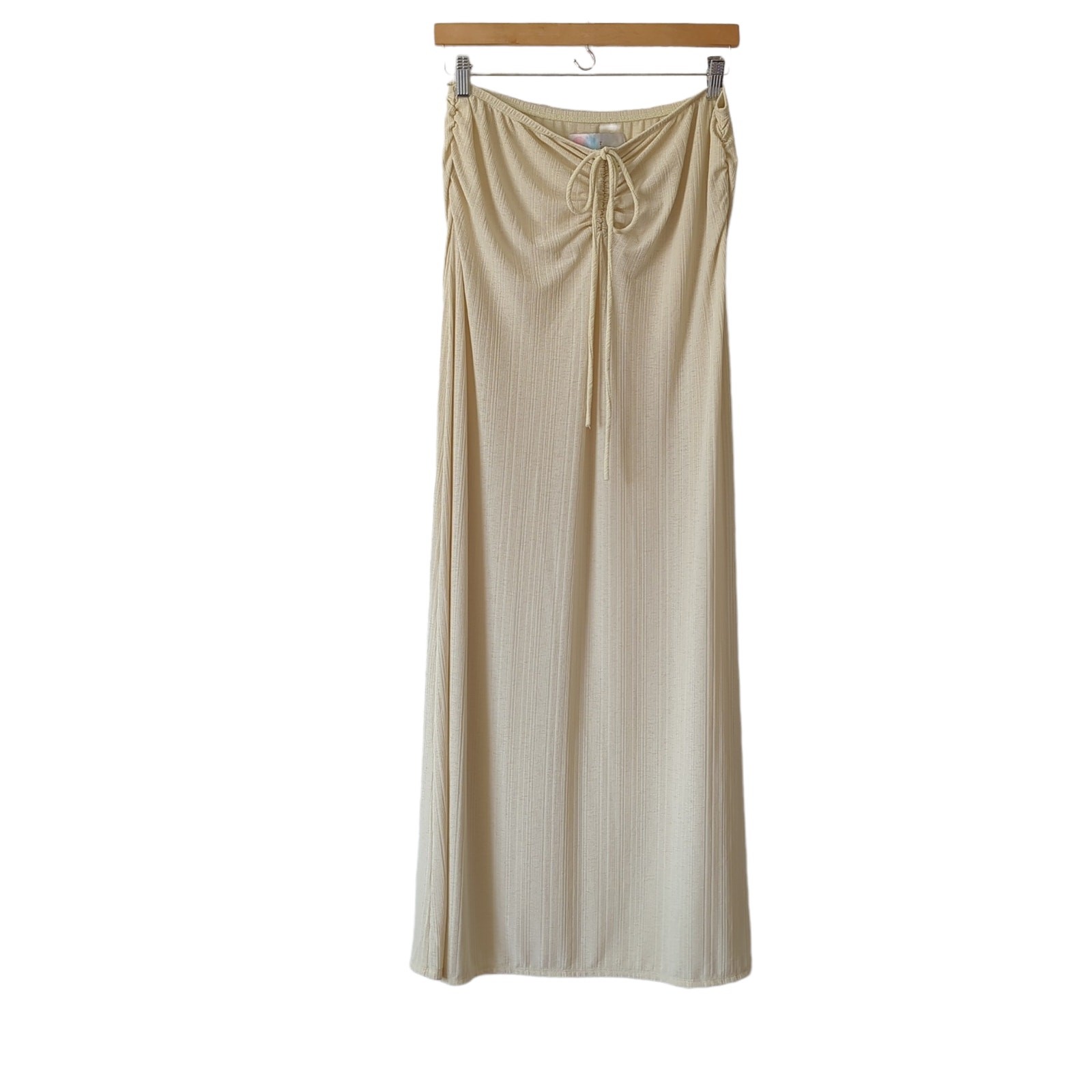 Free People Beach Womens Maxi Skirt Dress Cover Up Yellow Ribbed Cinch Tie Large
