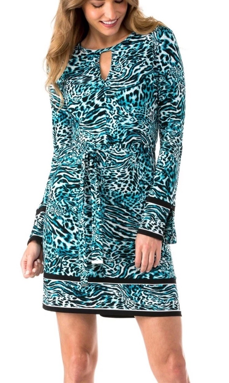 Michael Kors Women’s Dress Peacock Blue Animal Print Stretch Jersey Size L NEW