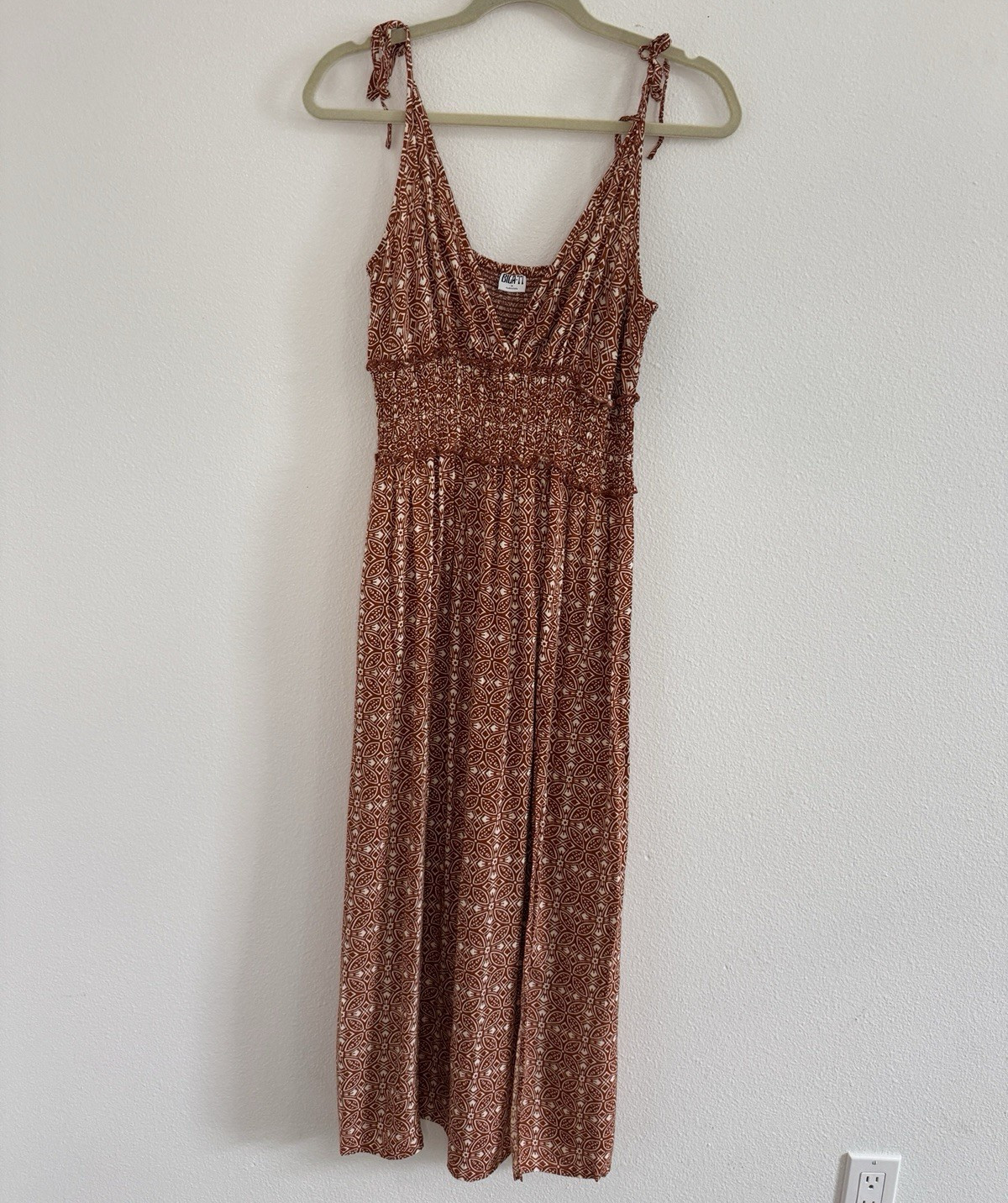 Bila 77 Rust Boho Tie Strap Midi Dress Women’s M Smocked Rayon Festival