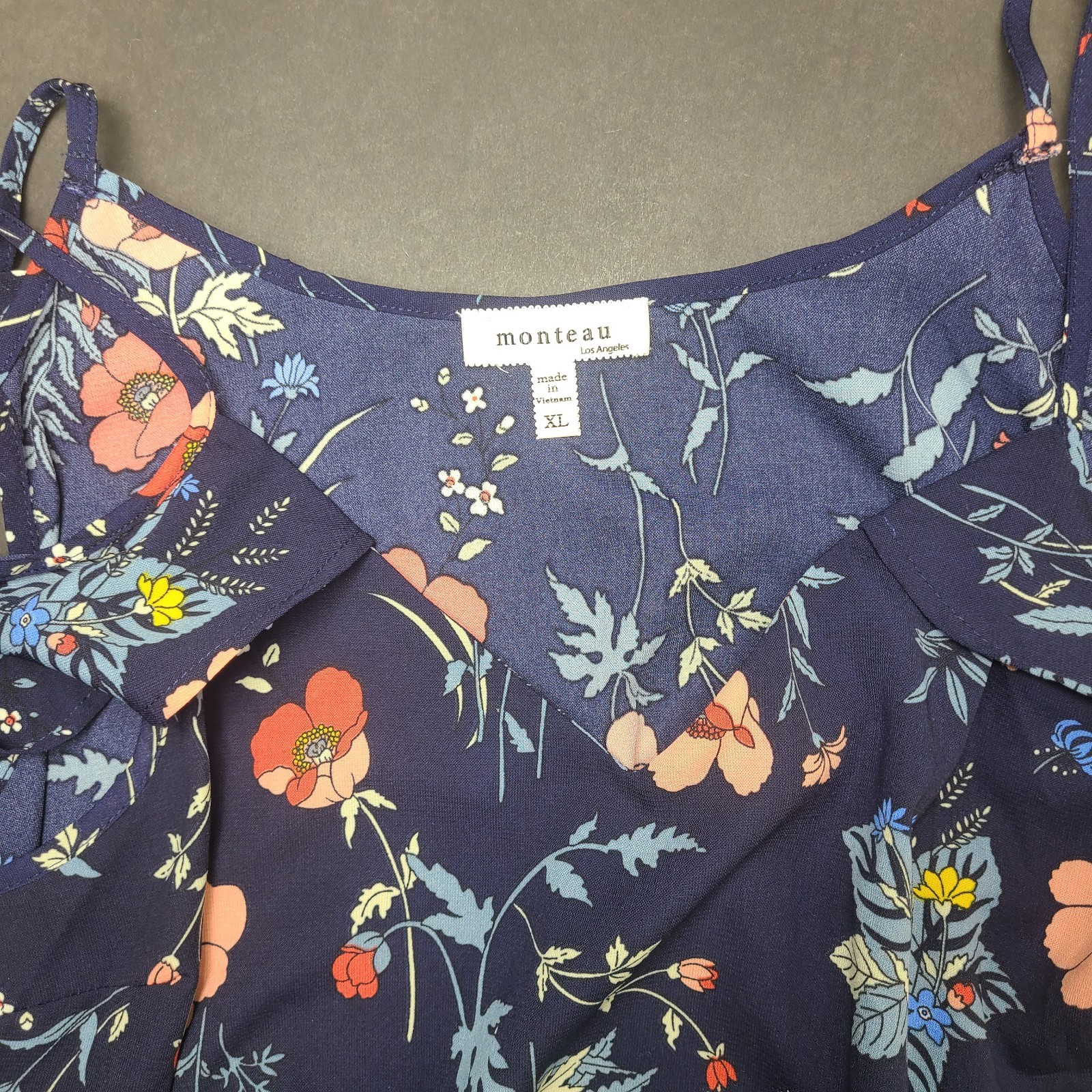 Monteau Floral Cold Shoulder Midi Dress XL Navy Pink Side Slit Lightweight