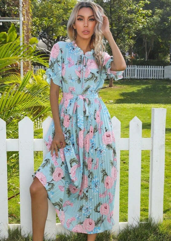 Ruffle Neck Pleated Dress